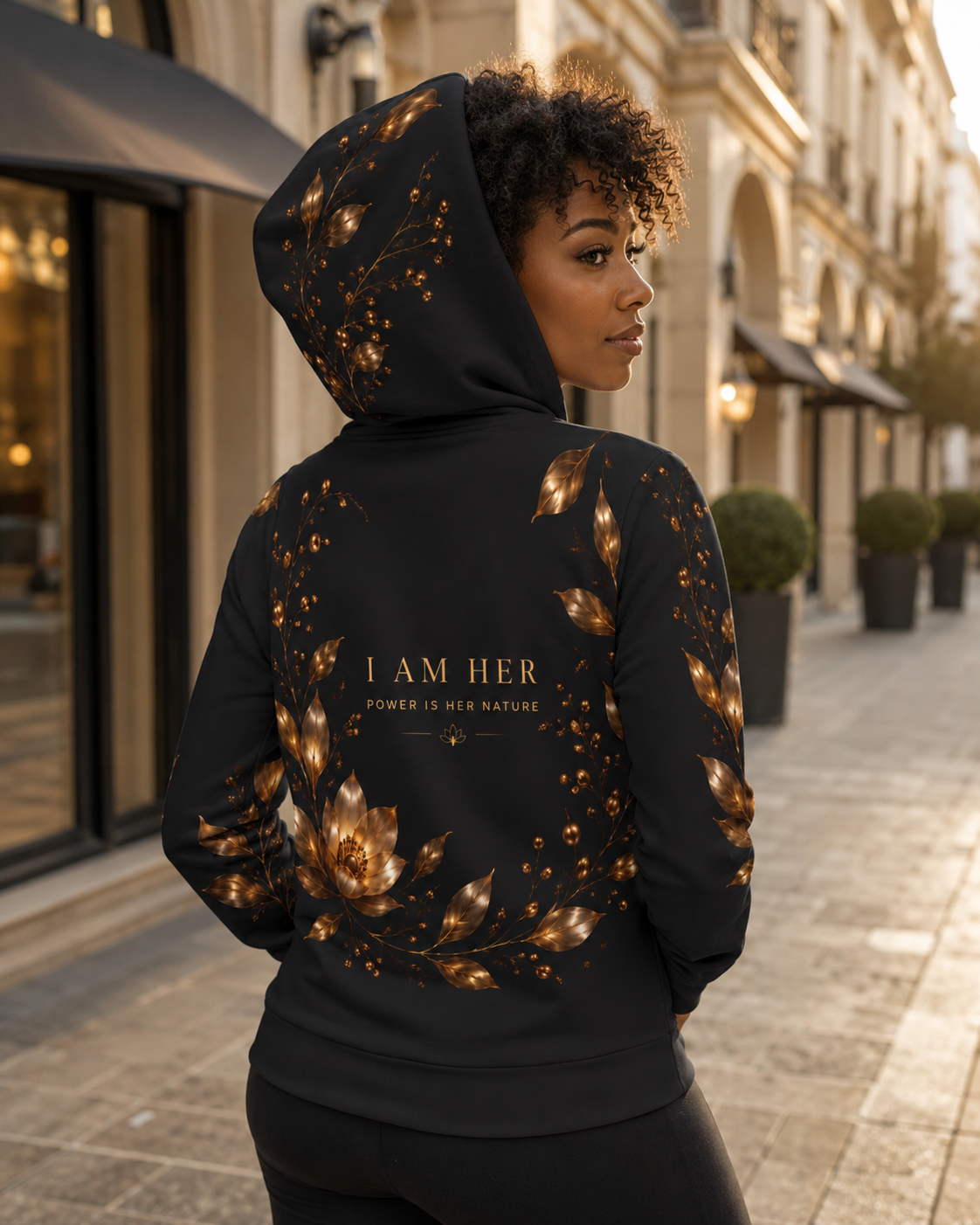 I Am Her Black and Gold Floral Portrait Hoodie