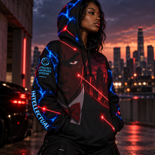 Intellectual Power Athletic Hoodie — Futuristic Anime Cityscape Design