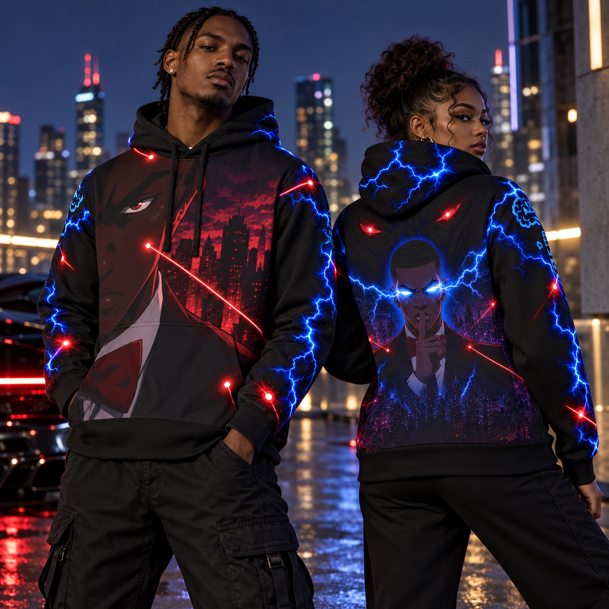 Intellectual Power Athletic Hoodie — Futuristic Anime Cityscape Design