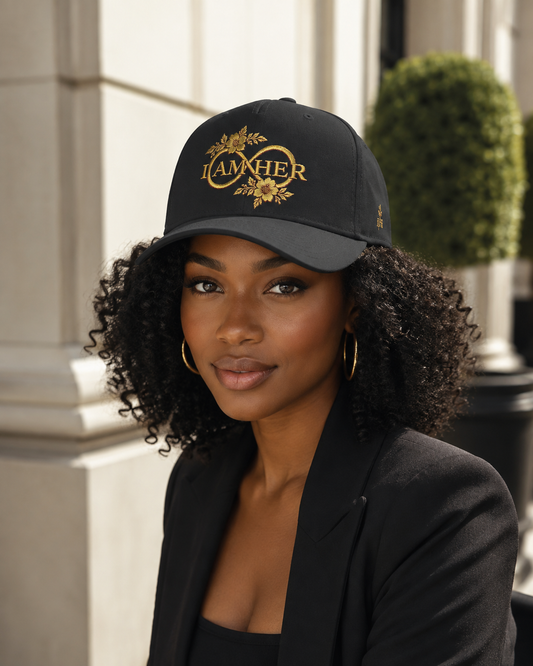 I AM HER Infinite Bloom Cap — Gold Embroidered Infinity Baseball Cap