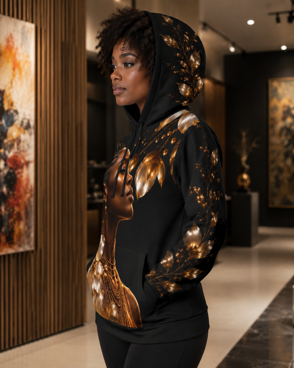 I Am Her Black and Gold Floral Portrait Hoodie