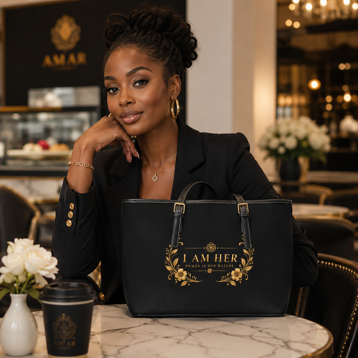 Her Power Is Infinite PU Leather Shoulder Bag – "I Am Her" Inspirational Black Tote