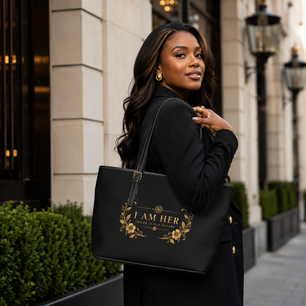 Her Power Is Infinite PU Leather Shoulder Bag – "I Am Her" Inspirational Black Tote