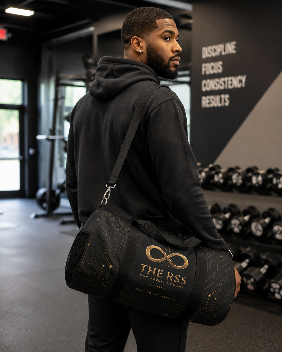 THE RSS — WE BUILD. Revolutionary AOP Duffle Bag | Black & Gold