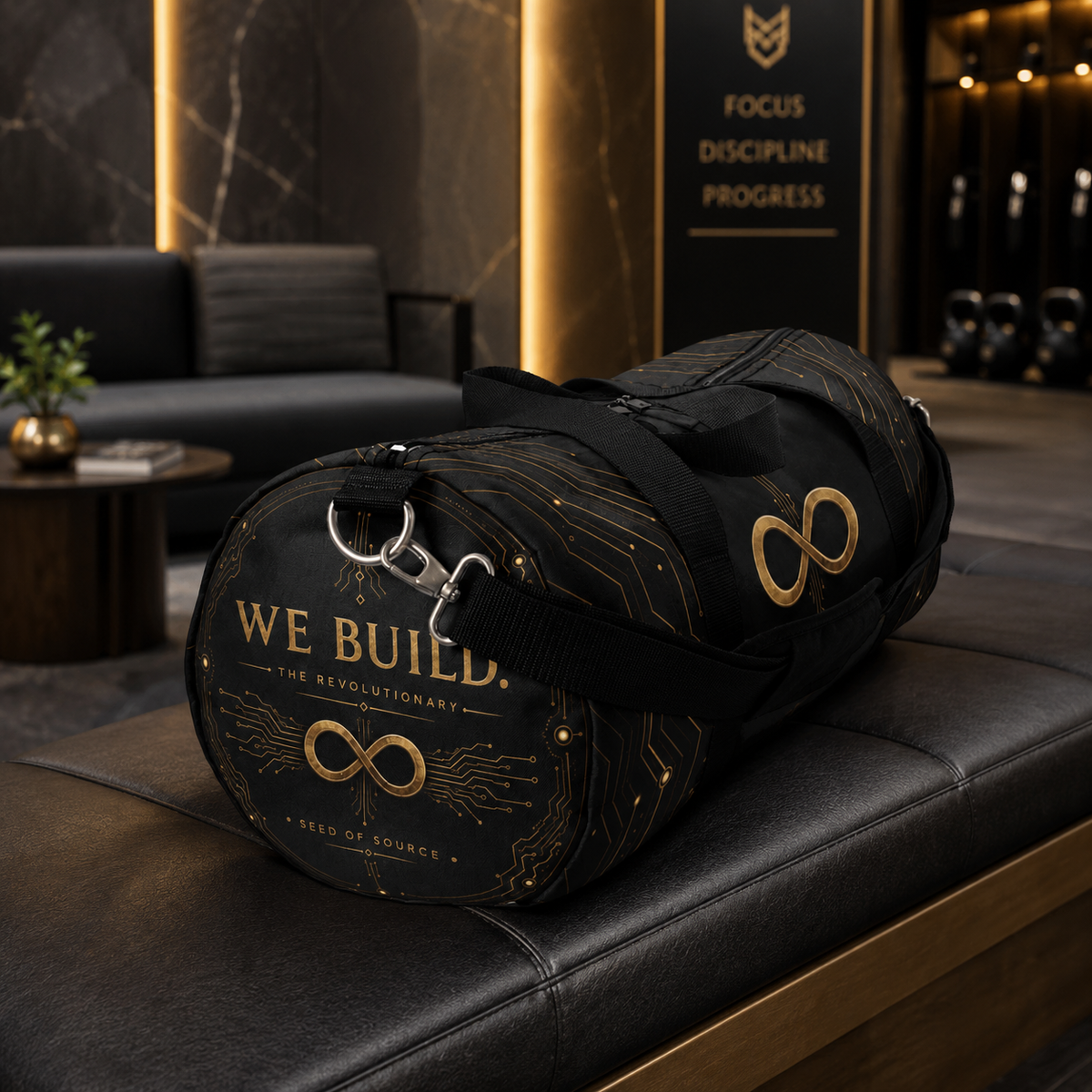 THE RSS — WE BUILD. Revolutionary AOP Duffle Bag | Black & Gold