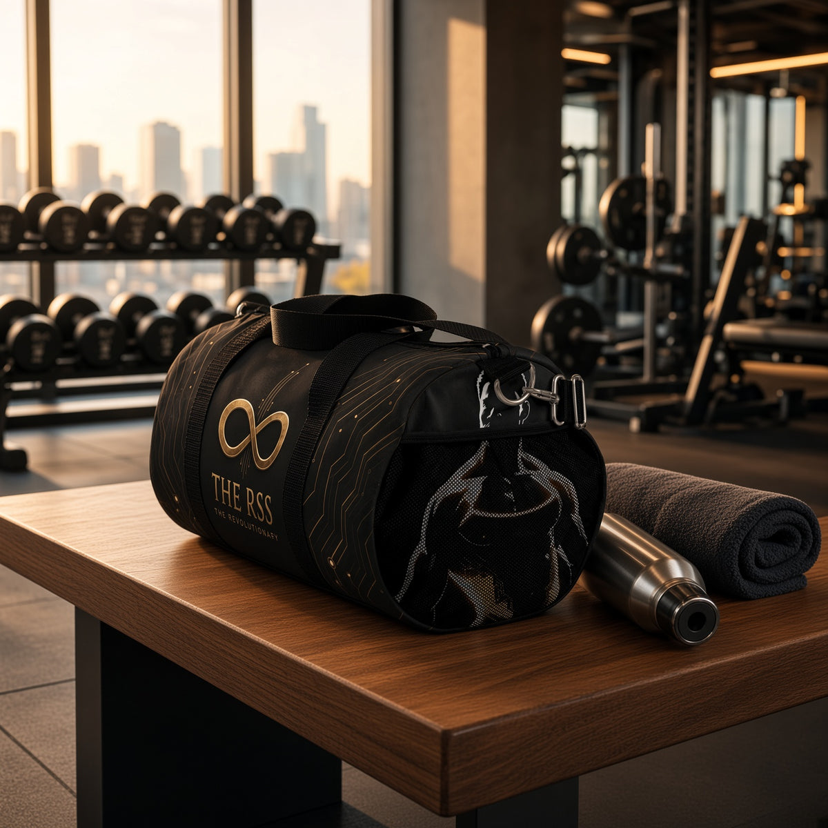 THE RSS — WE BUILD. Revolutionary AOP Duffle Bag | Black & Gold