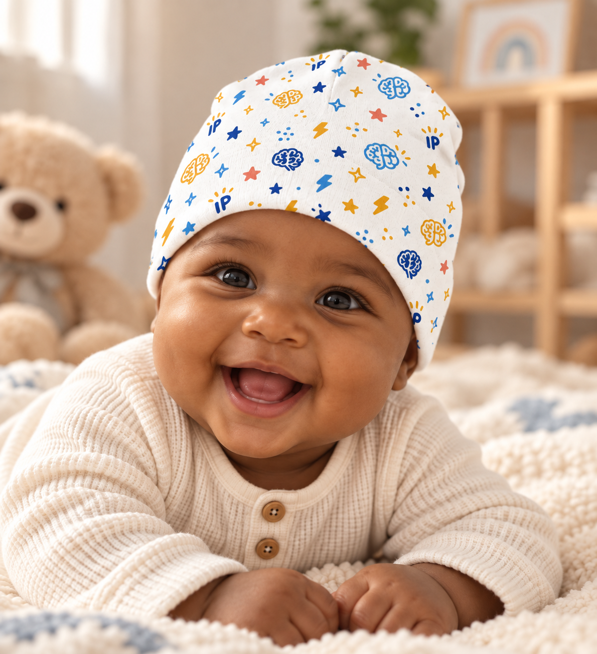 Baby Beanie with Colorful Brain and Star Pattern