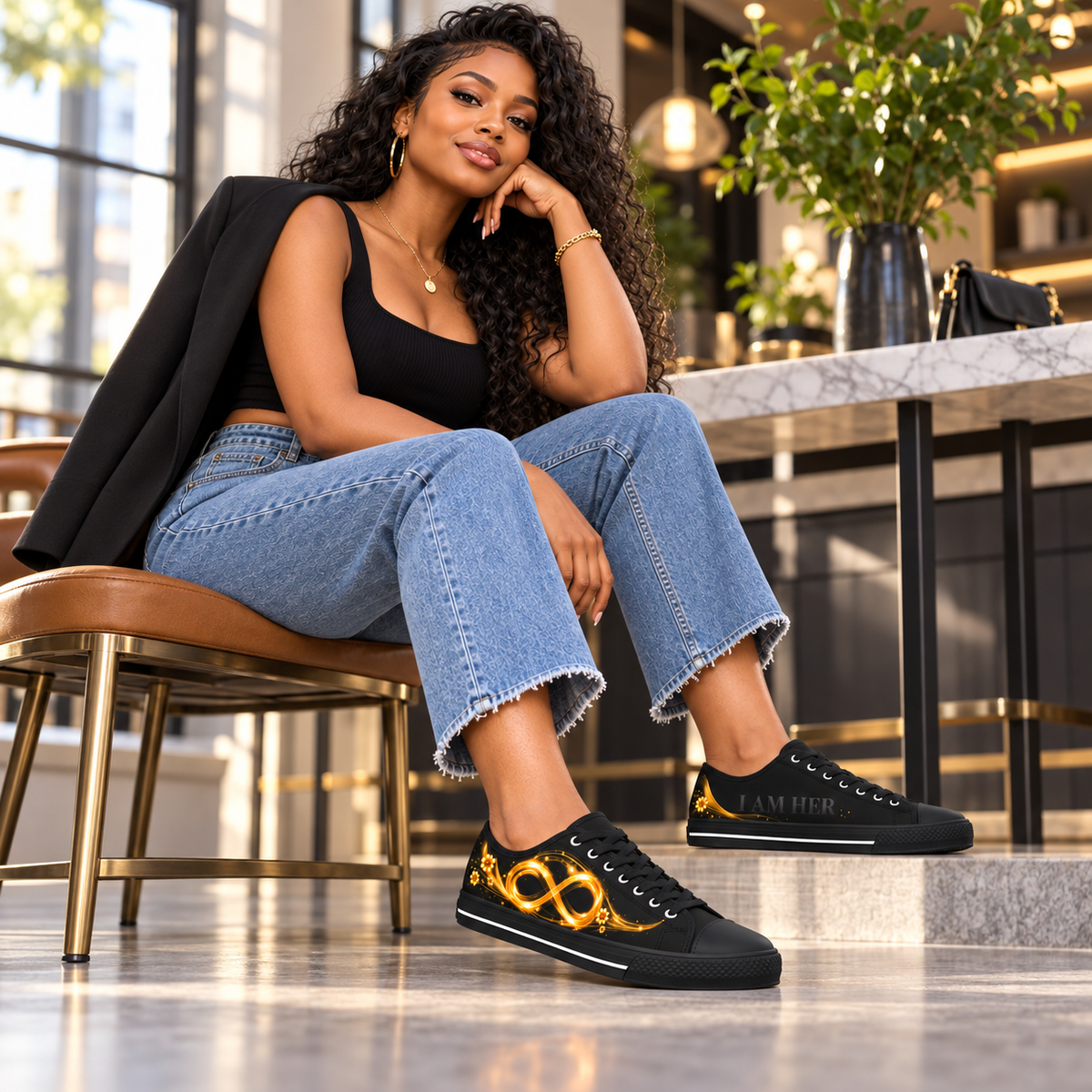 I AM HER — Her Power Is Infinite | Black & Gold Women's Sneakers